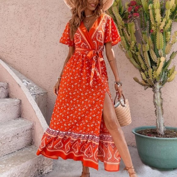 Paisley Floral Butterfly Sleeve Split Thigh Belted Maxi Dress ORANGE - Picture 5 of 8